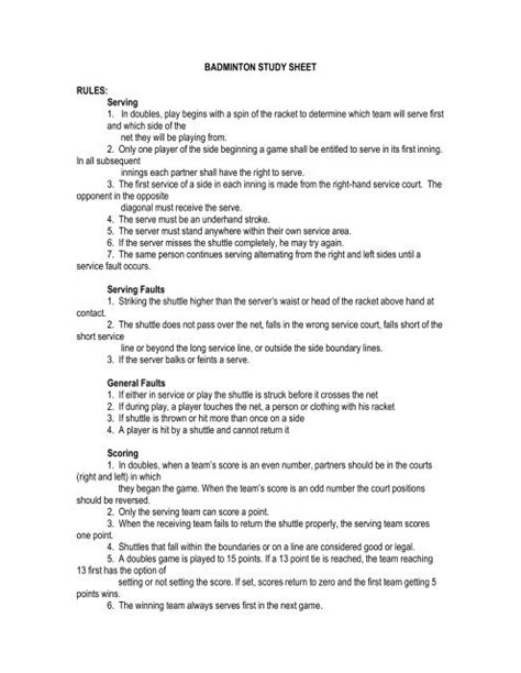 BADMINTON STUDY SHEET RULES: Serving 1. In doubles, play ...