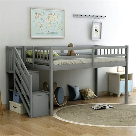 Euroco Wood Twin Loft Bed with Stairs, Guard Rail and Storage Shelf for ...