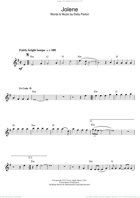 Jolene sheet music for alto saxophone solo (PDF-interactive)