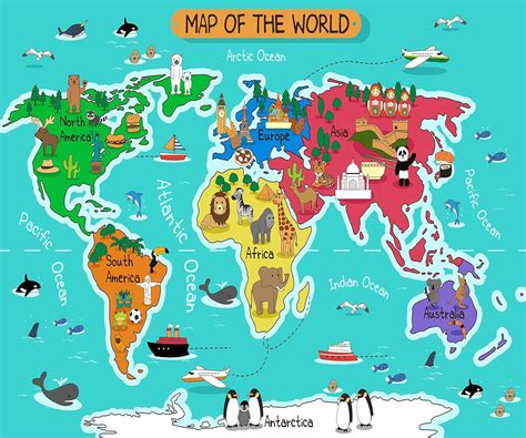 CORFOTO 10x8ft Cartoon World Map Backdrop Fabric Cartoon Continents Animals Map Background ...