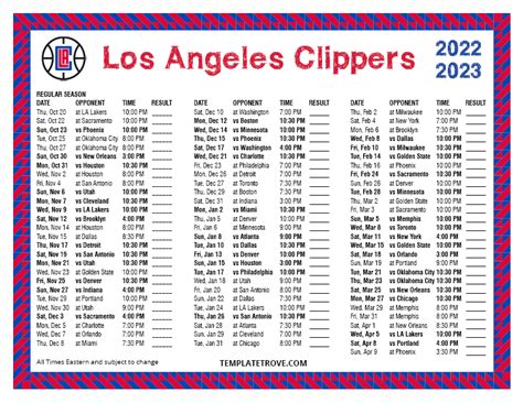 Printable 2022-2023 Los Angeles Clippers Schedule