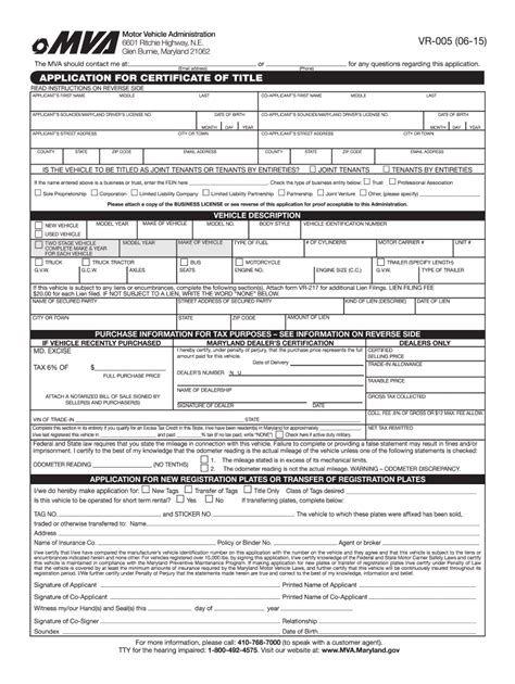 2015 Form MD VR-005 Fill Online, Printable, Fillable, Blank - pdfFiller