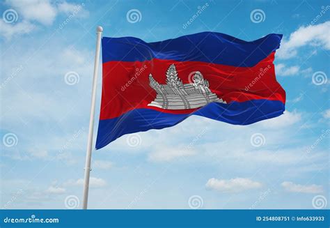 Flag of Austroasiatic Peoples Cambodians Khmer People at Cloudy Sky Background, Panoramic View ...