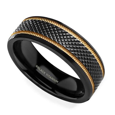 Baroque Diamond Pattern Men's Wedding Ring with Gold Milgrain Grooves in Black Titanium (8mm)