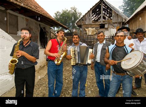 Europe Romania Transylvania Gypsy wedding band playing at wedding party ...