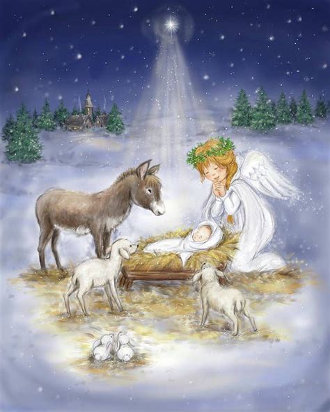 Nativity With Angel Art Print by Makiko in 2022 | Nativity painting, Angel art, Nativity