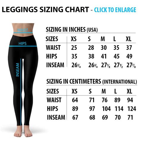 women's leggings size chart