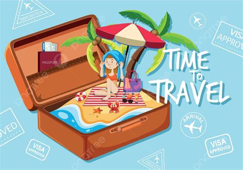 A Girl On The Beach In Suitcase Image Passport Graphic Vector, Image ...