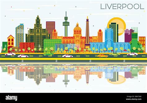 Liverpool UK City Skyline with Color Buildings, Blue Sky and Reflections. Vector Illustration ...