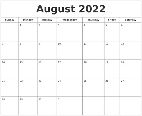 August 2022 Printable Calendar