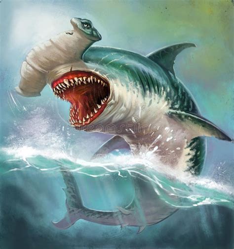 Illustration about Huge evil hammerhead shark on the high seas. Illustration of nature, march ...