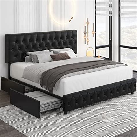 Buy Keyluv Modern Upholstered Bed Frame with 4 Storage Drawers, Faux Leather Platform Bed with ...