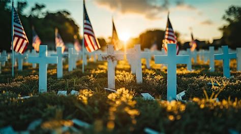 Premium Photo | Memorial Day Tribute with Flags and Crosses at Sunset