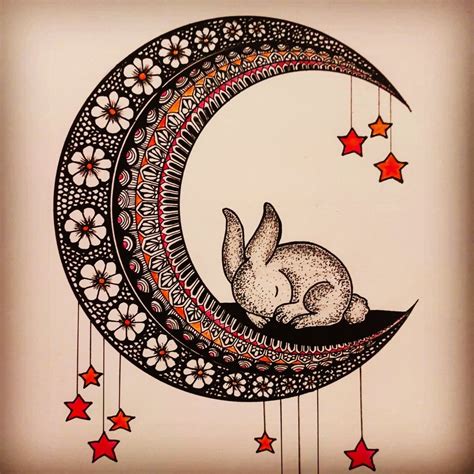 Moon Mandala Art with Rabbit and Stars | Boho art drawings, Mandala drawing, Mandala art lesson