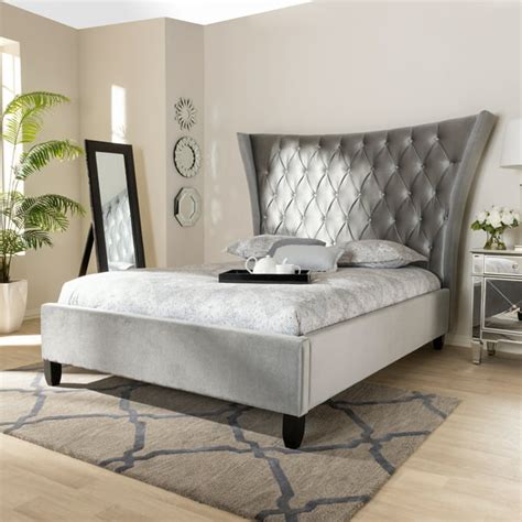 Baxton Studio Viola Glam and Luxe Grey Velvet Fabric Upholstered and Button Tufted Queen Size ...