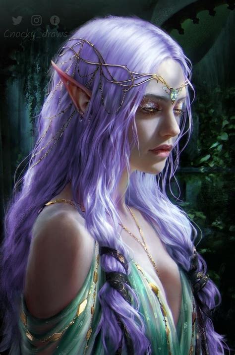 a painting of a woman with purple hair and an elf's headdress