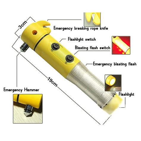 Emergency car tool kit with flashlight, safety hammer, warning light and cutter