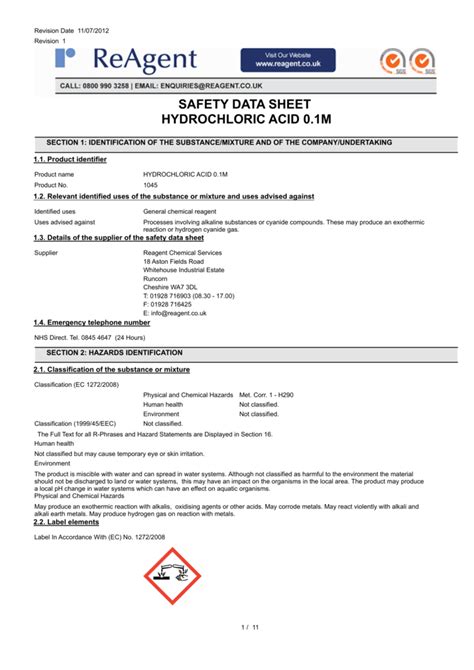 Hydrochloric Acid 0.1M (0.1N) MSDS