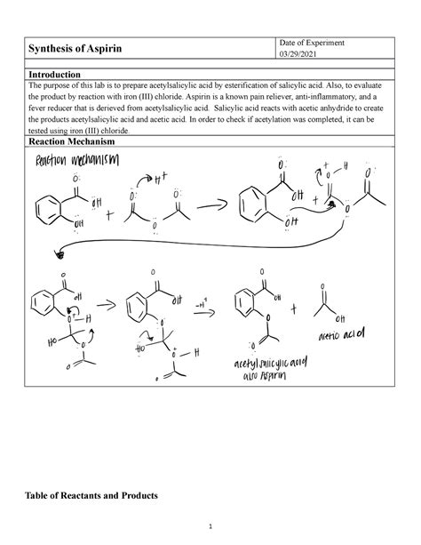 Synthesis of Aspirin - lab report - Synthesis of Aspirin Date of ...