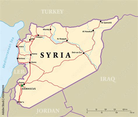 Syria political map with capital Damascus, national borders, most ...