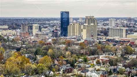 A view of the city's skyline in Downtown Lexington, Kentucky Aerial Stock Photo DXP001_099_0004 ...