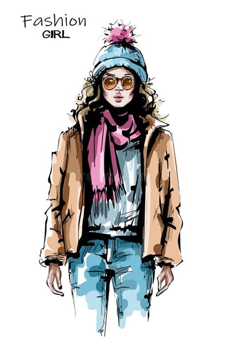 Hand Drawn Beautiful Young Woman in Sunglasses. Stylish Girl in Winter Clothes. Fashion Woman ...