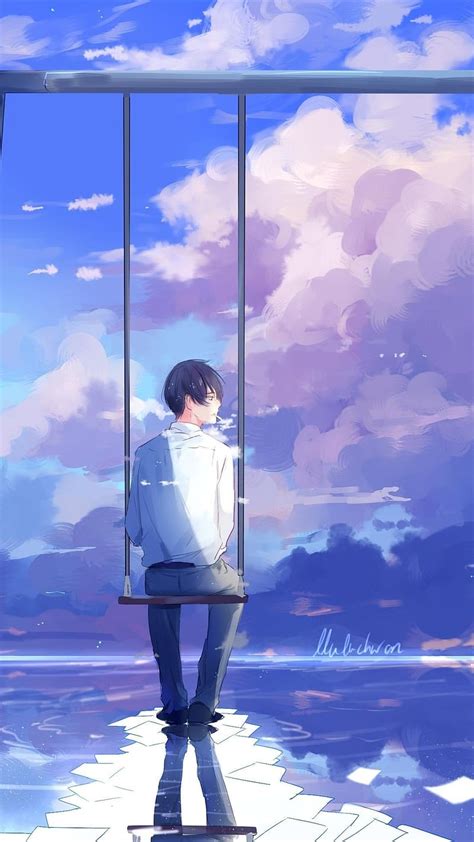 Alone Boy, Swing, anime, pink sky, animation, HD phone wallpaper | Peakpx