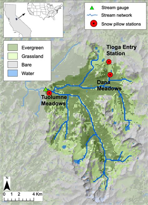 Map of the upper Tuolumne River basin showing locations of observation ...