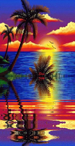 a painting of palm trees and the ocean at sunset