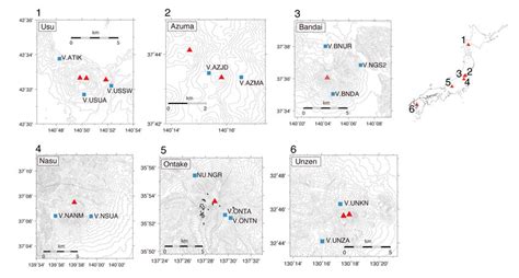 Map of volcanoes and seismic stations analyzed in this study. Blue ...