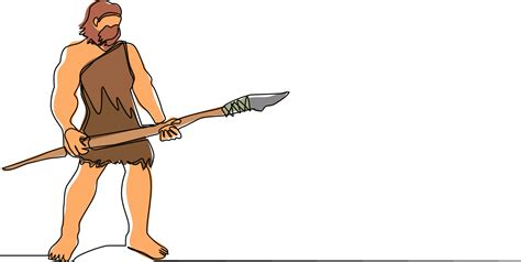 Continuous one line drawing caveman standing and holding big stone spear. Prehistoric bearded ...