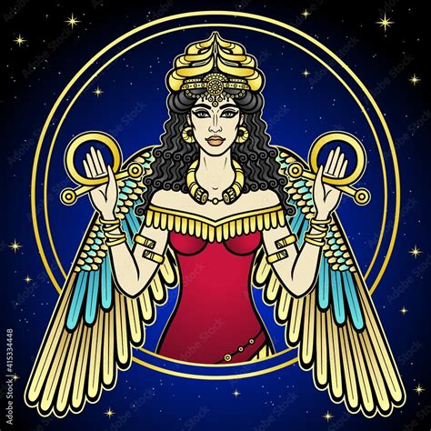 Cartoon color drawing: beautiful woman in a horned crown, a character in Assyrian mythology ...