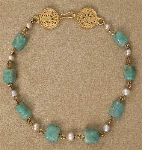 Gold Necklace with Pearls and Stones of Emerald Plasma | Byzantine ...