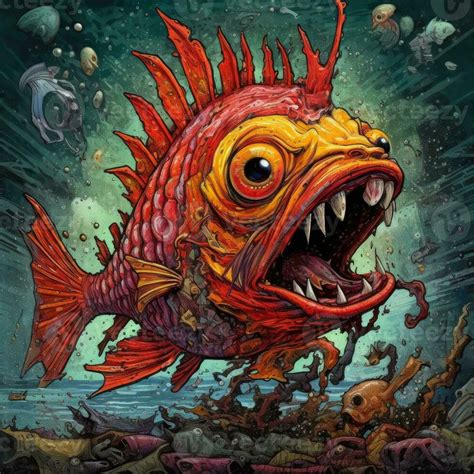 crazy fish angry furious mad portrait expressive illustration artwork oil painted sketch tattoo ...