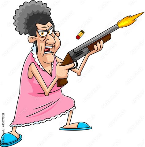 Angry Grandmother Cartoon Character Shooting With A Rifle Pump. Vector ...