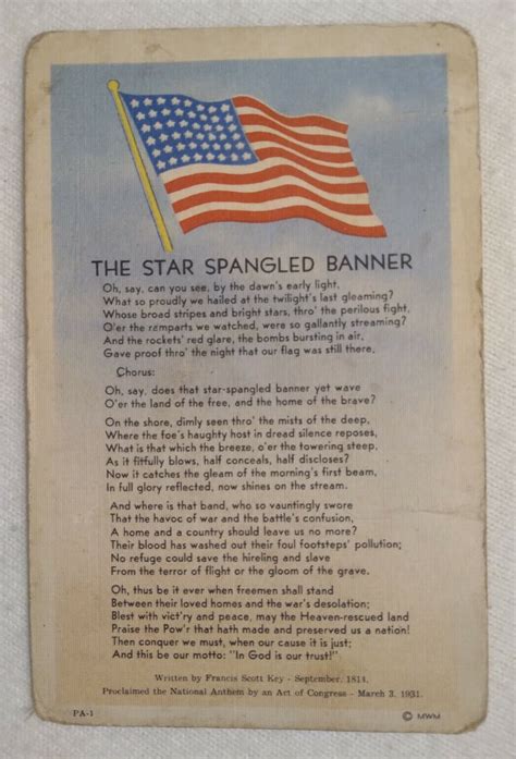 Postcard "THE STAR SPANGLED BANNER" US Anthem Lyrics, Flag,Vintage Linen | eBay