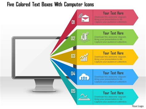 1214 Five Colored Text Boxes With Computer Icons Powerpoint Template | PowerPoint Slide Clipart ...