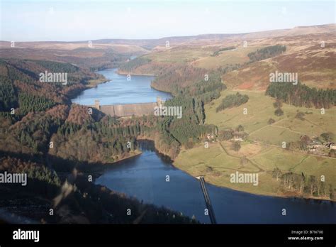 An aerial view of Derwent Dam showing the Ladybower Reservoir in the ...