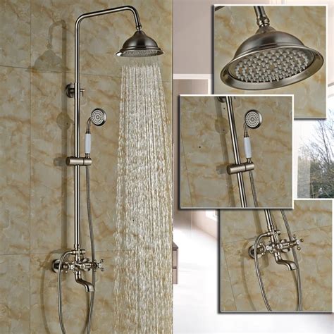 Brushed Nickel Bathroom Dual Handle Rainfall Shower Faucet Set Wall Mounted Brass Handshower ...