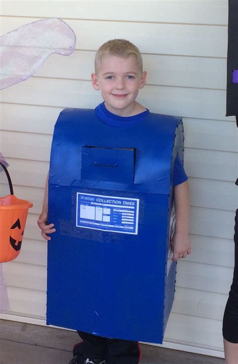 Mailbox costume made with a box and poster board on top curved part, then spray painted. Baby ...