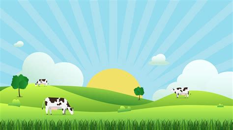 Meadow landscape with cow eating grass, vector illustration.Green field and sky blue and sun ...