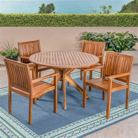 5-Piece Teak Finish Round Outdoor Furniture Patio Dining Set - Walmart.com