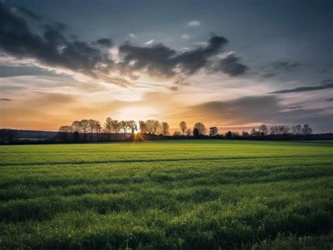 Premium Photo | A field with a sunset in the background