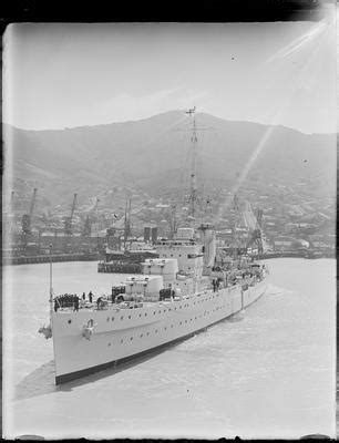 Glass plate: HMS ACHILLES (1931) on Lyttelton Harbour - New Zealand Maritime Museum