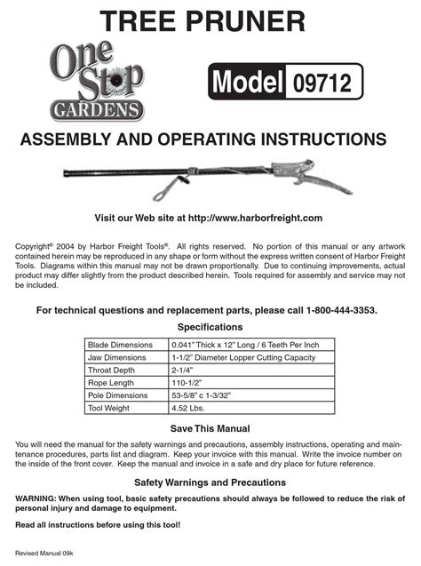 HARBOR FREIGHT TOOLS 9712 POLE SAW ASSEMBLY AND OPERATING INSTRUCTIONS ...