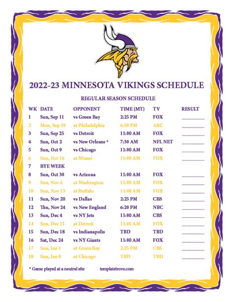 Printable 2022-2023 Minnesota Vikings Schedule