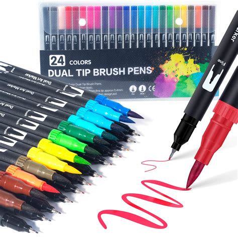 Dual Tip Brush Pens: Felt Tip Pen Set 24 Colors Colouring Pens Art ...