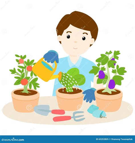 Happy Man Watering Plants Cartoon Stock Vector - Image: 65353805