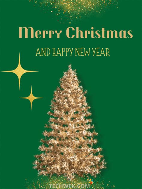 merry christmas and happy new year greeting card with a gold tree on green paper background