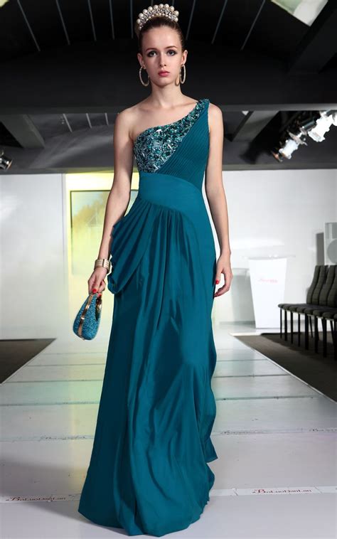 Bridesmaid Ball Cyan One Shoulder Chiffon Beadings/Pattern Long Evening Dress | Prom dresses ...